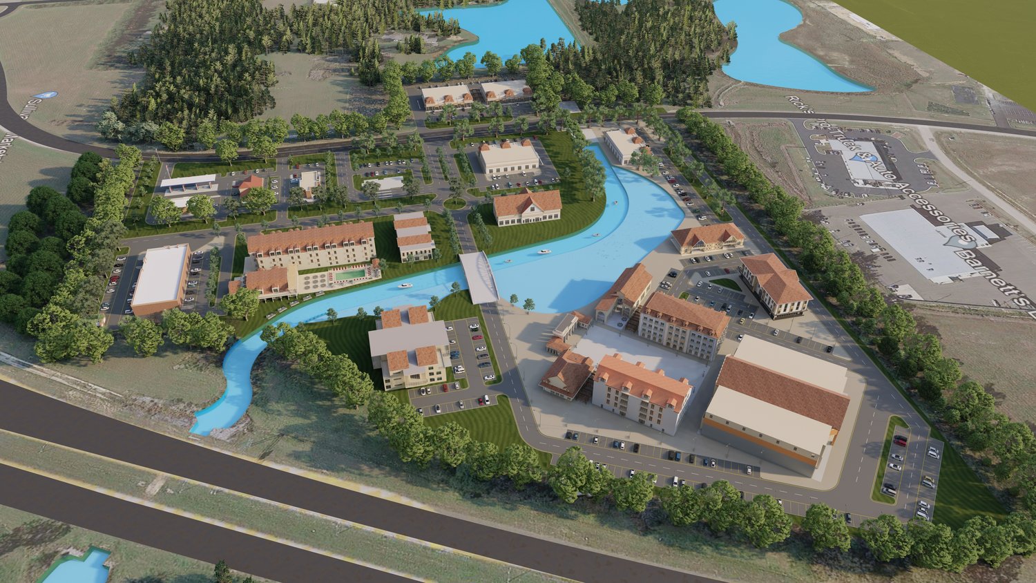 An overhead rendering of Germantown Village, which plans for two hotels, Springhill Suites and Home 2 Hotel.
